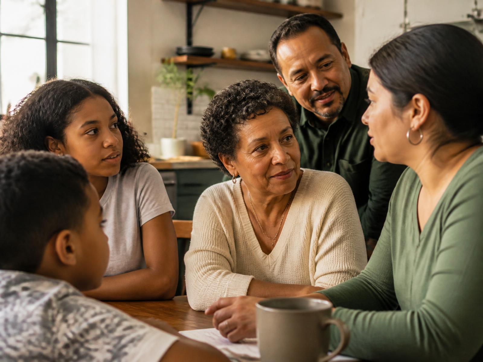 A multigenerational family sitting together at a kitchen table in warm daylight, talking things through.