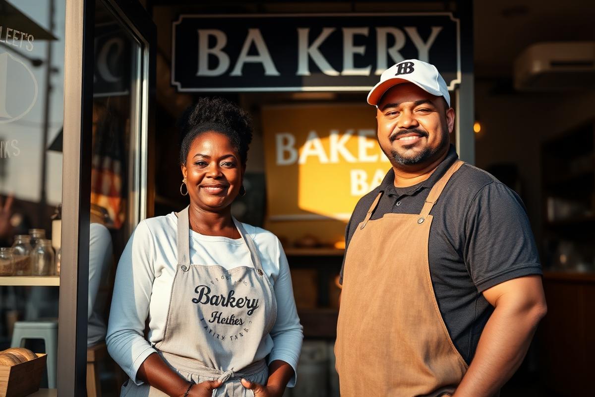 Two small-business owners standing in the doorway of their shop.