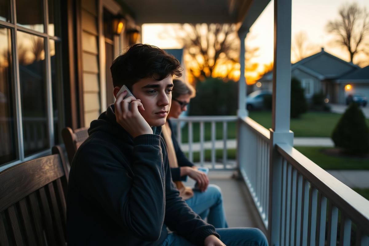 A young adult on a phone call at dusk on a porch, with a family member nearby.