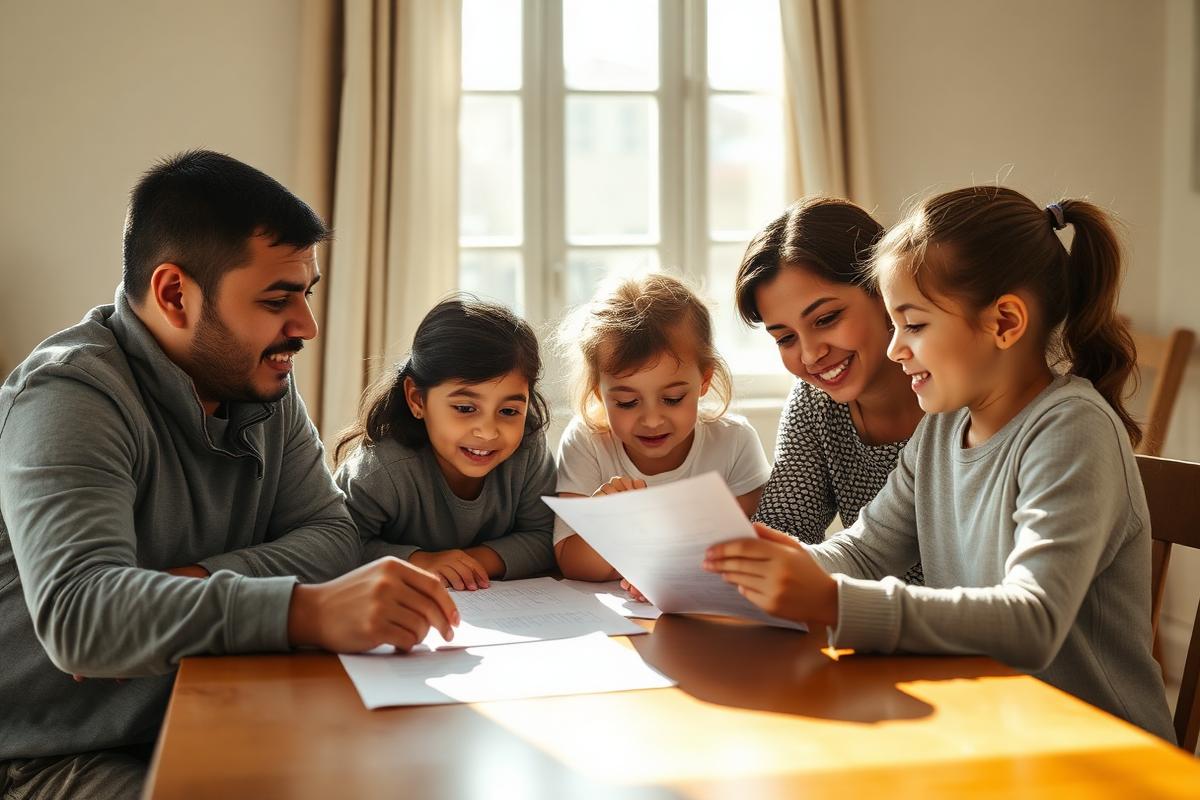 A family reviewing documents together at a sunlit table.
