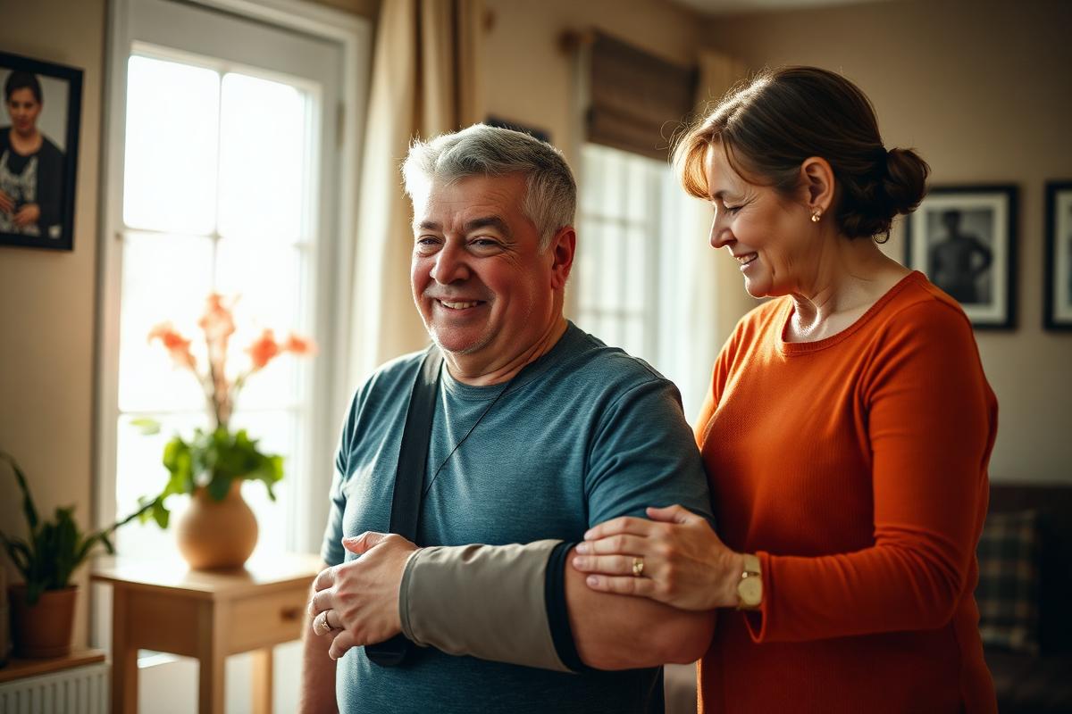 A man recovering from an arm injury at home with a family member's support.