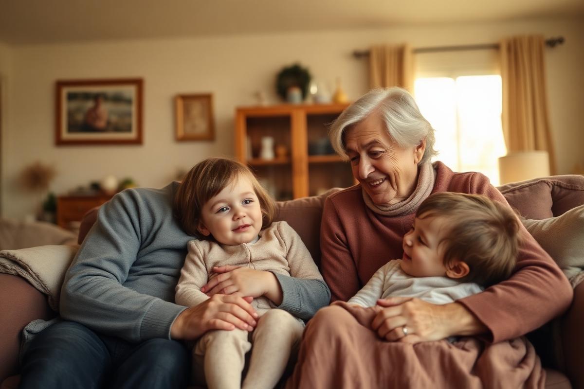 Grandparents and grandchildren together on a living room sofa in warm light.